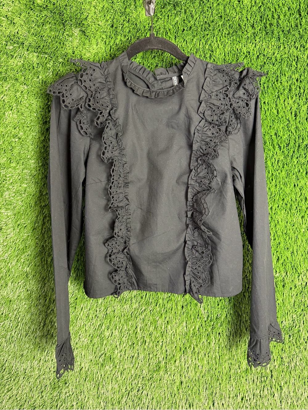 H&M Black Eyelet Ruffle Long-Sleeve Top